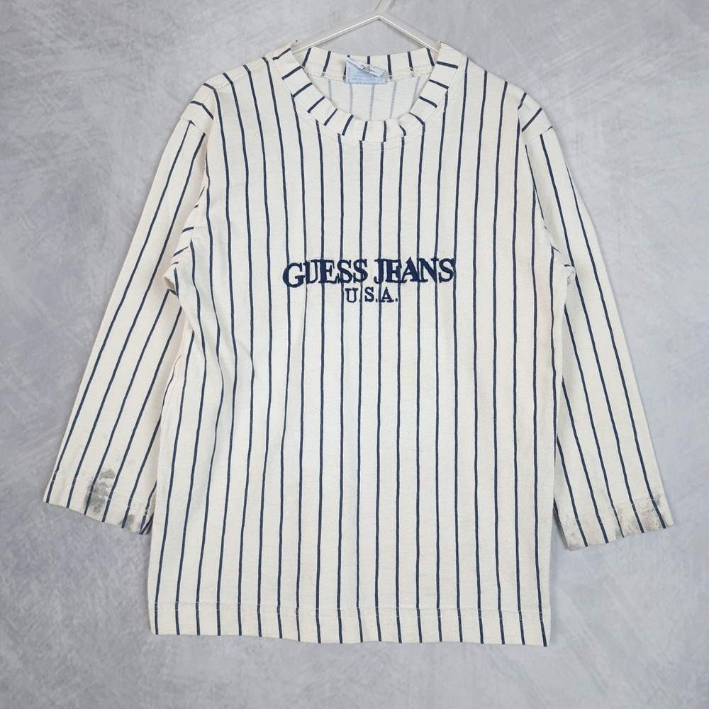 Vintage Guess Jeans Shirt Boys XL 6-7Y White Stripe Long Sleeve Baby Guess 90s